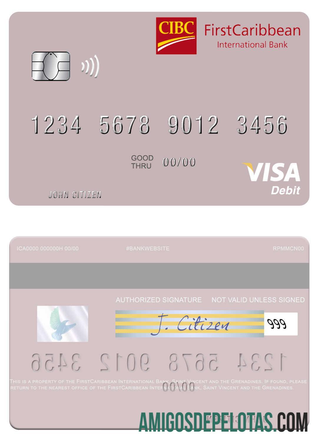 Cartão de débito Visa do FirstCaribbean International Bank São Vicente e Granadinas modelo